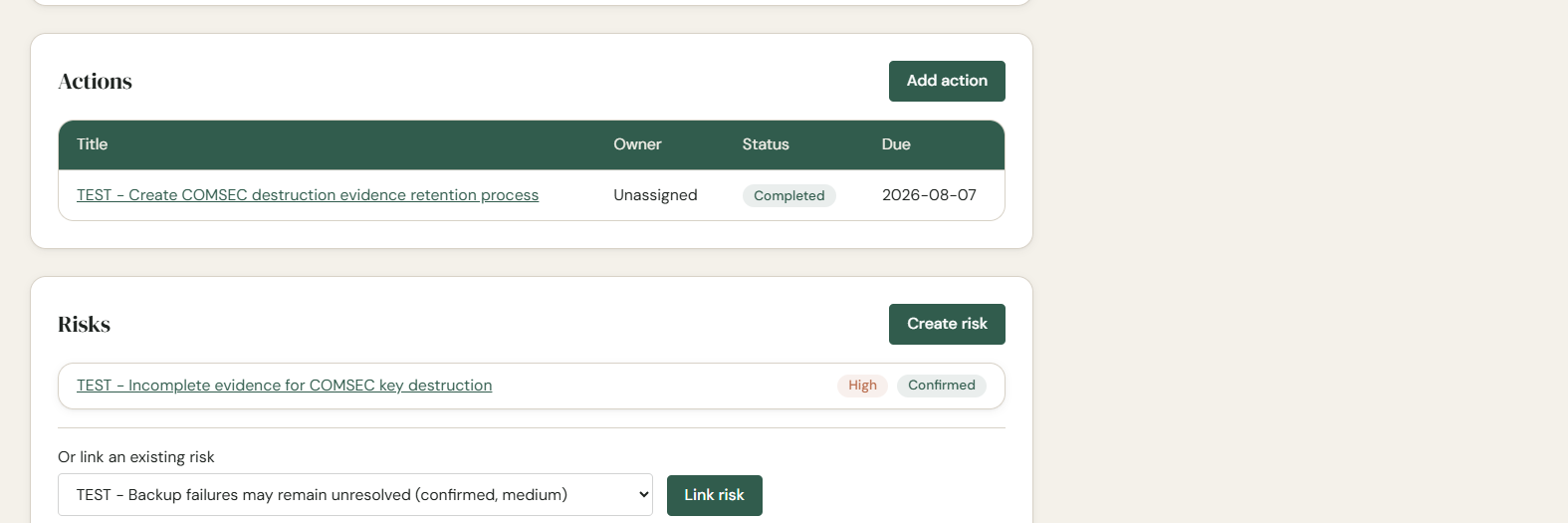 Actions and risks linked to a finding in AuditFlow OS Beta