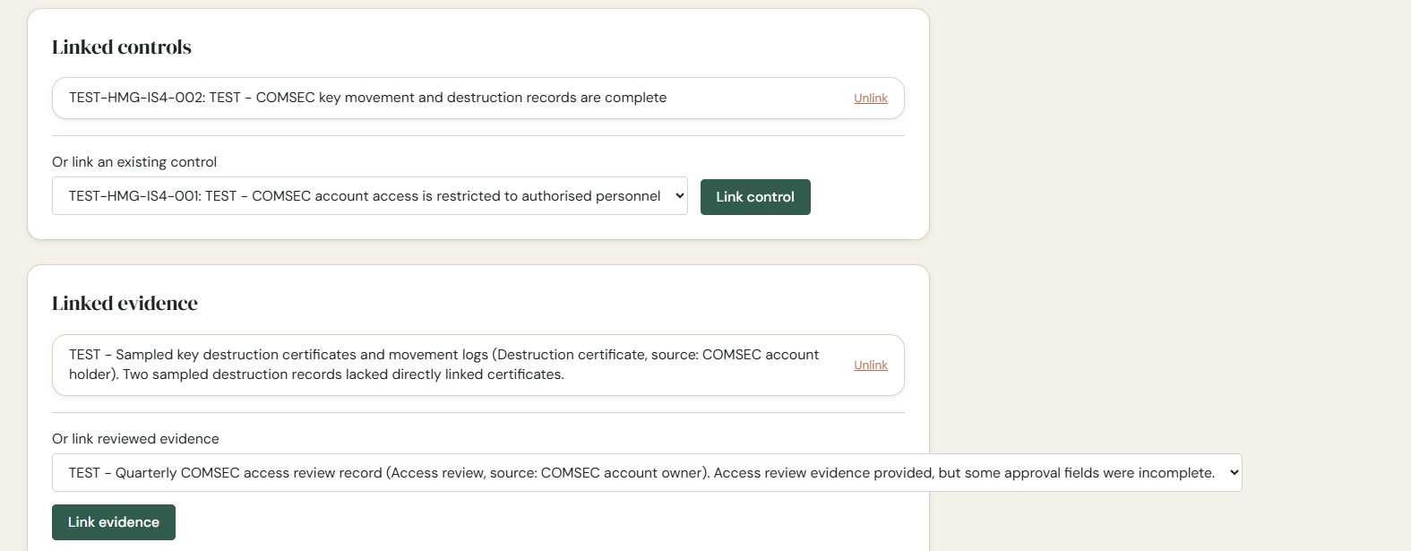 Linked controls and linked evidence for a finding in AuditFlow OS Beta