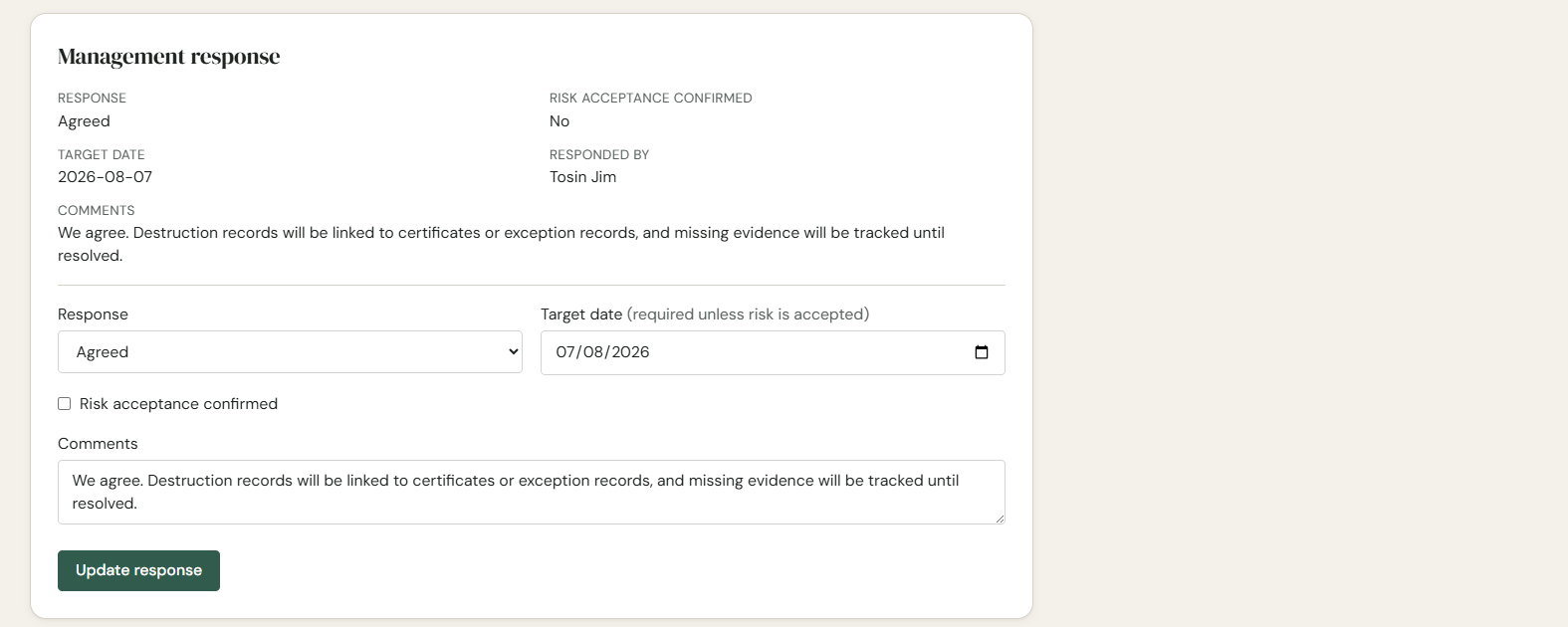 Management response workflow for a finding in AuditFlow OS Beta