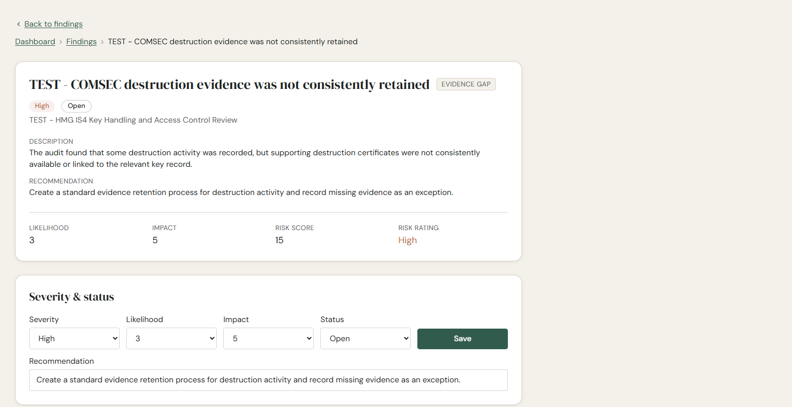 Finding severity, status and risk scoring in AuditFlow OS Beta