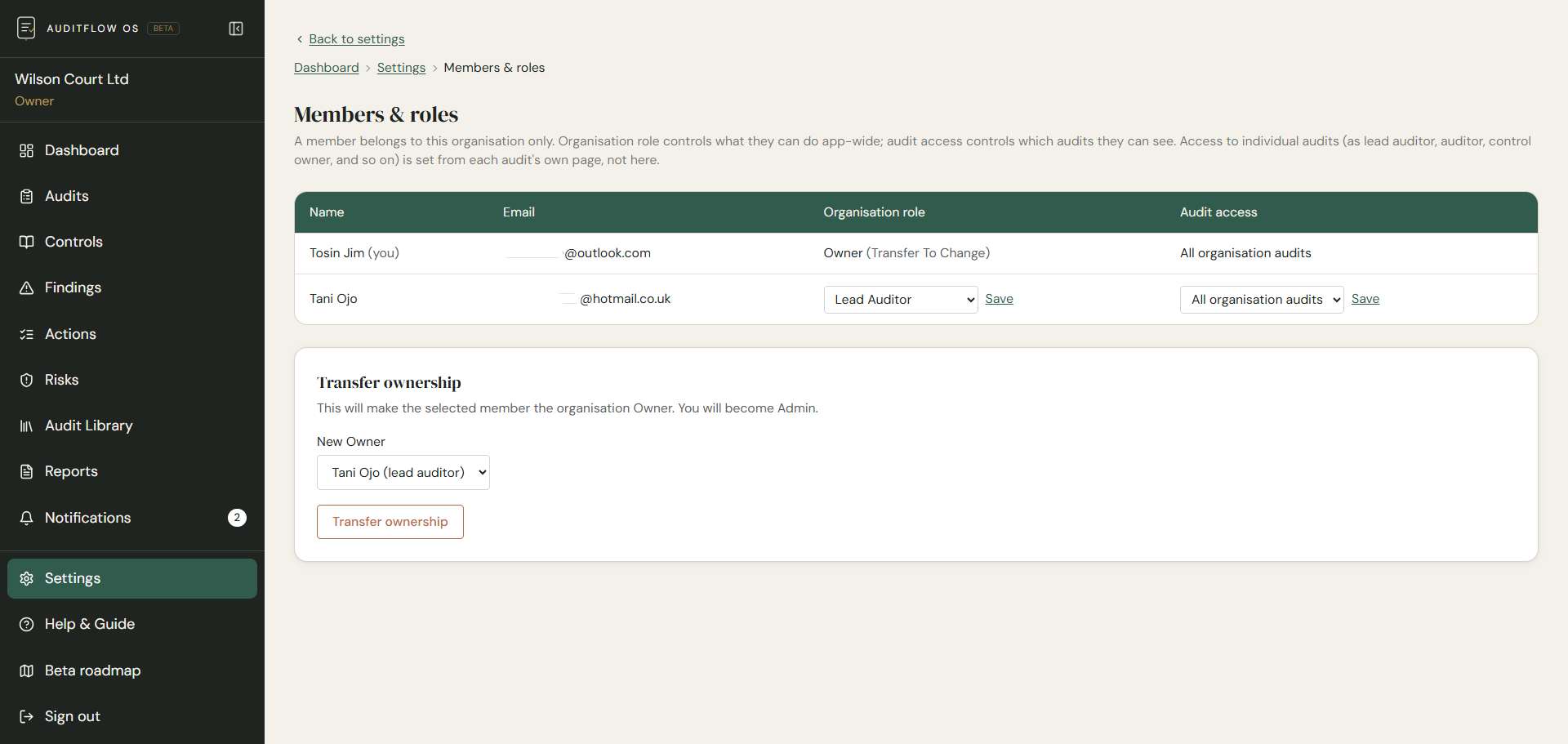 AuditFlow OS Beta members and roles settings page showing organisation role and audit access per member, and ownership transfer