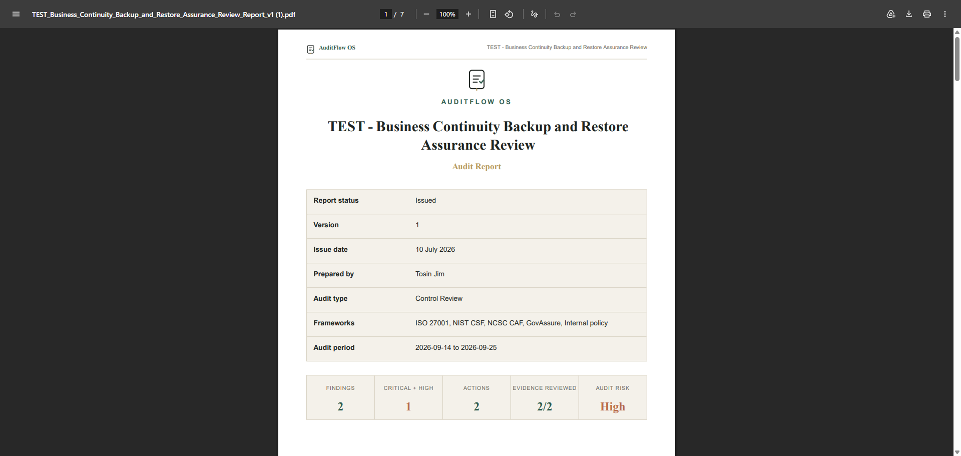 Exported PDF of an AuditFlow OS Beta audit report