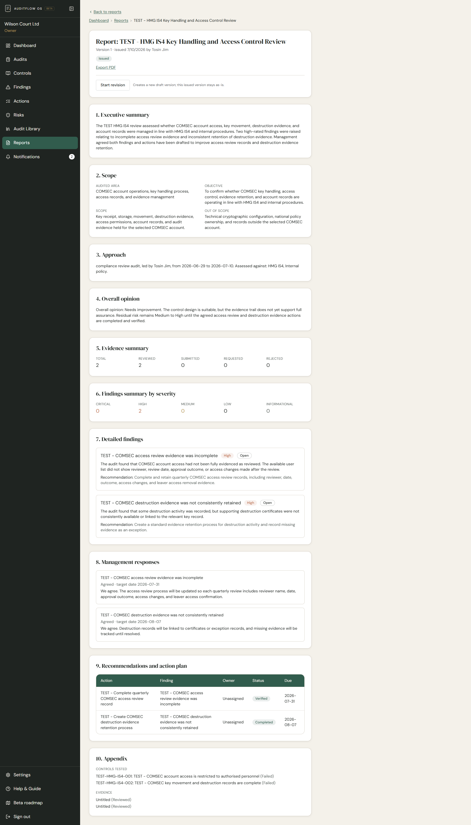 AuditFlow OS Beta generated audit report showing executive summary, scope, approach, overall opinion, evidence summary, findings summary, detailed findings, management responses, recommendations and action plan, and appendix